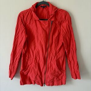 EILEEN FISHER Orange Red Lory Rumpled Cotton Steel Hooded Jacket Small Lagenlook